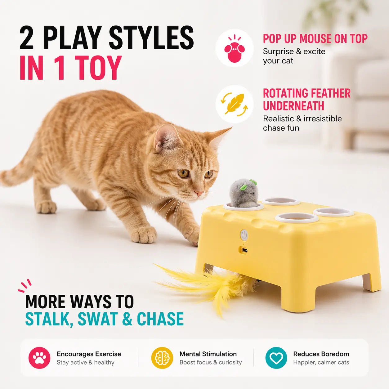 2-in-1 Interactive Cat Toy with Silent Automatic Pop-Up Mouse and Rotating Feather Wand, Featuring 3 Play Modes, Non-Slip Weighted Base, Smart Auto Shut-Off, and USB-C Rechargeable Design for Indoor Cat Enrichment