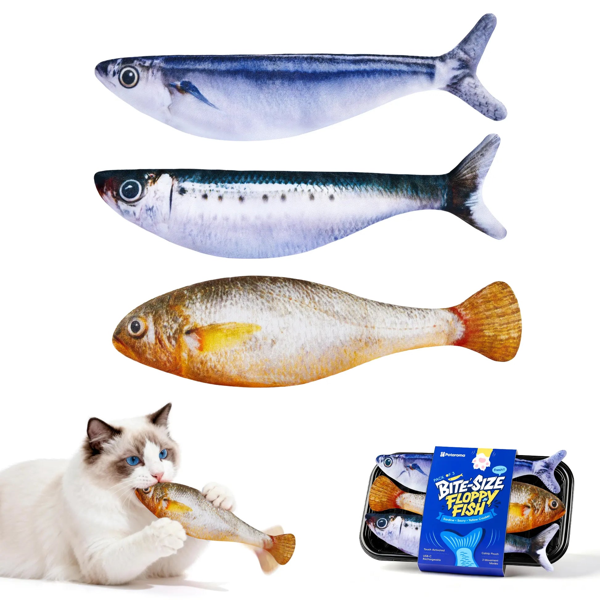 Potaroma Interactive Cat Toys - Realistic Tap-Activated Moving Fish with Catnip, Bite-Sized Kicker for Cats, Available in Sardine, Saury, and Yellow Croaker