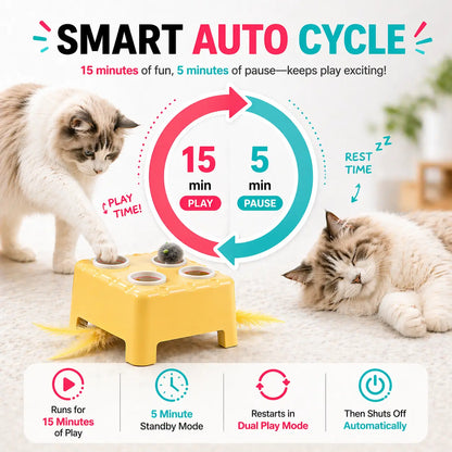 2-in-1 Interactive Cat Toy with Silent Automatic Pop-Up Mouse and Rotating Feather Wand, Featuring 3 Play Modes, Non-Slip Weighted Base, Smart Auto Shut-Off, and USB-C Rechargeable Design for Indoor Cat Enrichment