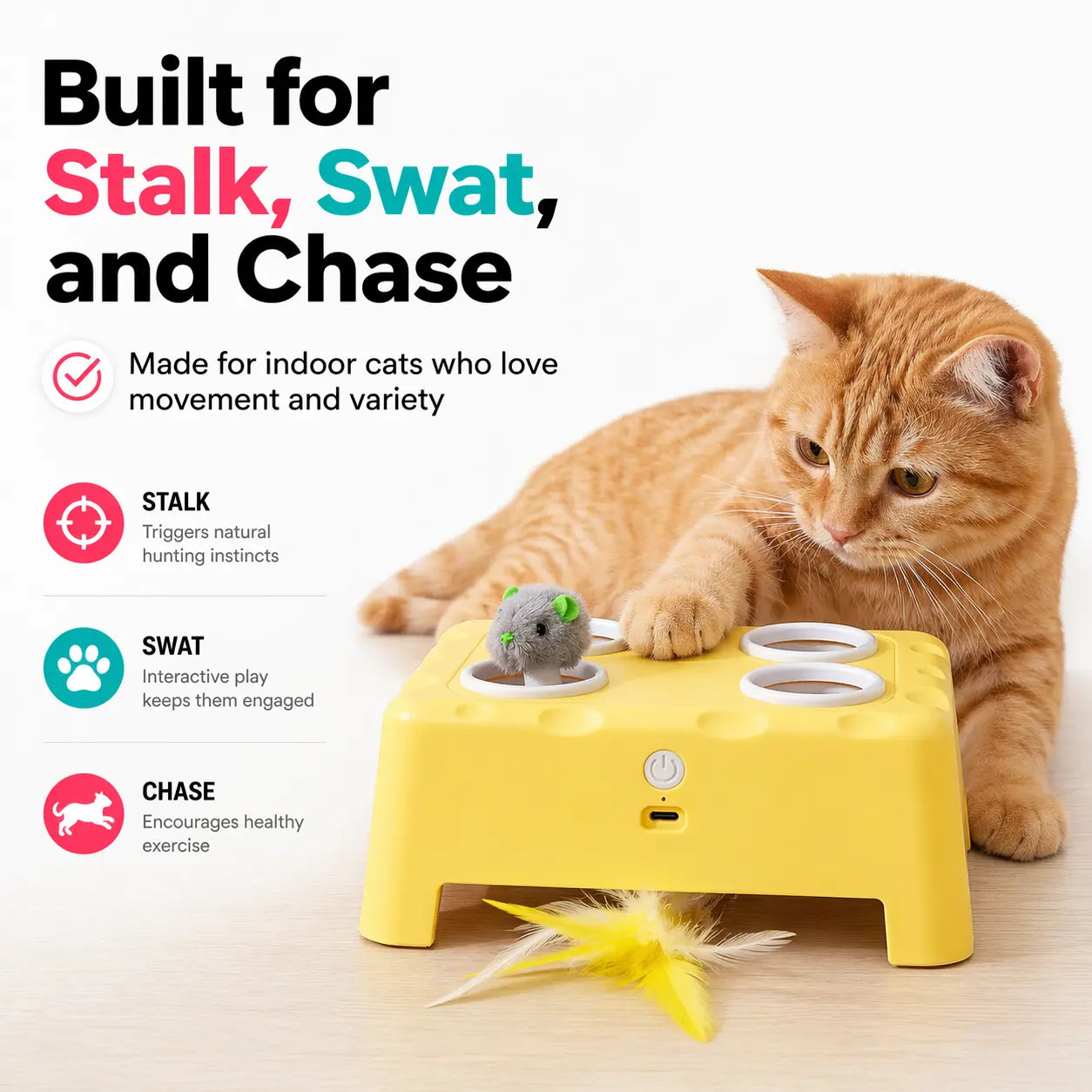 2-in-1 Interactive Cat Toy with Silent Automatic Pop-Up Mouse and Rotating Feather Wand, Featuring 3 Play Modes, Non-Slip Weighted Base, Smart Auto Shut-Off, and USB-C Rechargeable Design for Indoor Cat Enrichment