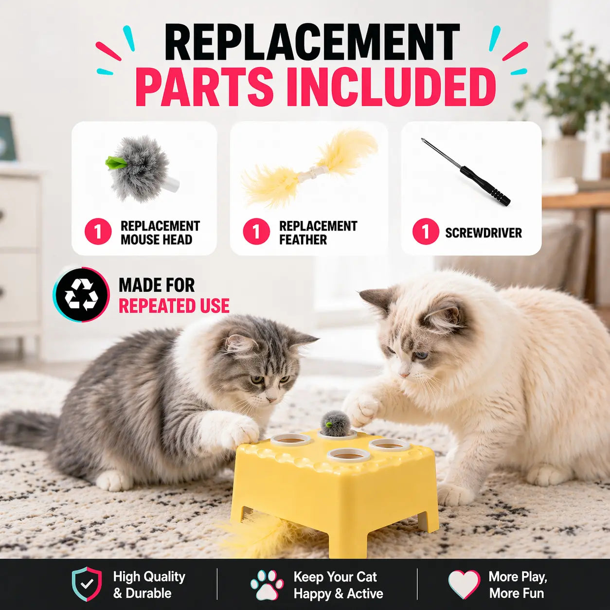2-in-1 Interactive Cat Toy with Silent Automatic Pop-Up Mouse and Rotating Feather Wand, Featuring 3 Play Modes, Non-Slip Weighted Base, Smart Auto Shut-Off, and USB-C Rechargeable Design for Indoor Cat Enrichment