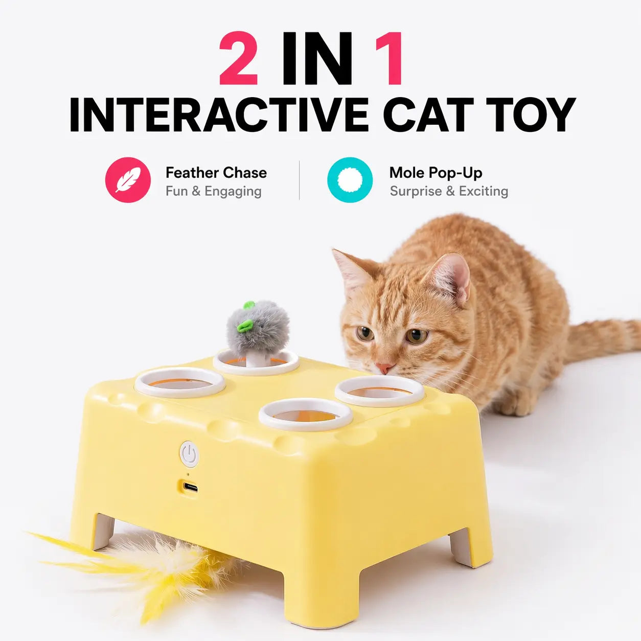 2-in-1 Interactive Cat Toy with Silent Automatic Pop-Up Mouse and Rotating Feather Wand, Featuring 3 Play Modes, Non-Slip Weighted Base, Smart Auto Shut-Off, and USB-C Rechargeable Design for Indoor Cat Enrichment