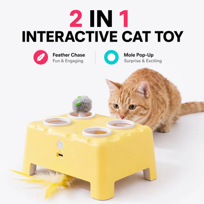 2-in-1 Interactive Cat Toy with Silent Automatic Pop-Up Mouse and Rotating Feather Wand, Featuring 3 Play Modes, Non-Slip Weighted Base, Smart Auto Shut-Off, and USB-C Rechargeable Design for Indoor Cat Enrichment