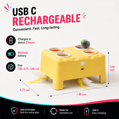 2-in-1 Interactive Cat Toy with Silent Automatic Pop-Up Mouse and Rotating Feather Wand, Featuring 3 Play Modes, Non-Slip Weighted Base, Smart Auto Shut-Off, and USB-C Rechargeable Design for Indoor Cat Enrichment