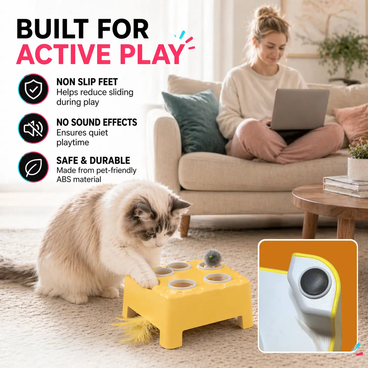 2-in-1 Interactive Cat Toy with Silent Automatic Pop-Up Mouse and Rotating Feather Wand, Featuring 3 Play Modes, Non-Slip Weighted Base, Smart Auto Shut-Off, and USB-C Rechargeable Design for Indoor Cat Enrichment