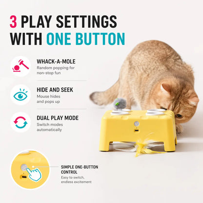 2-in-1 Interactive Cat Toy with Silent Automatic Pop-Up Mouse and Rotating Feather Wand, Featuring 3 Play Modes, Non-Slip Weighted Base, Smart Auto Shut-Off, and USB-C Rechargeable Design for Indoor Cat Enrichment