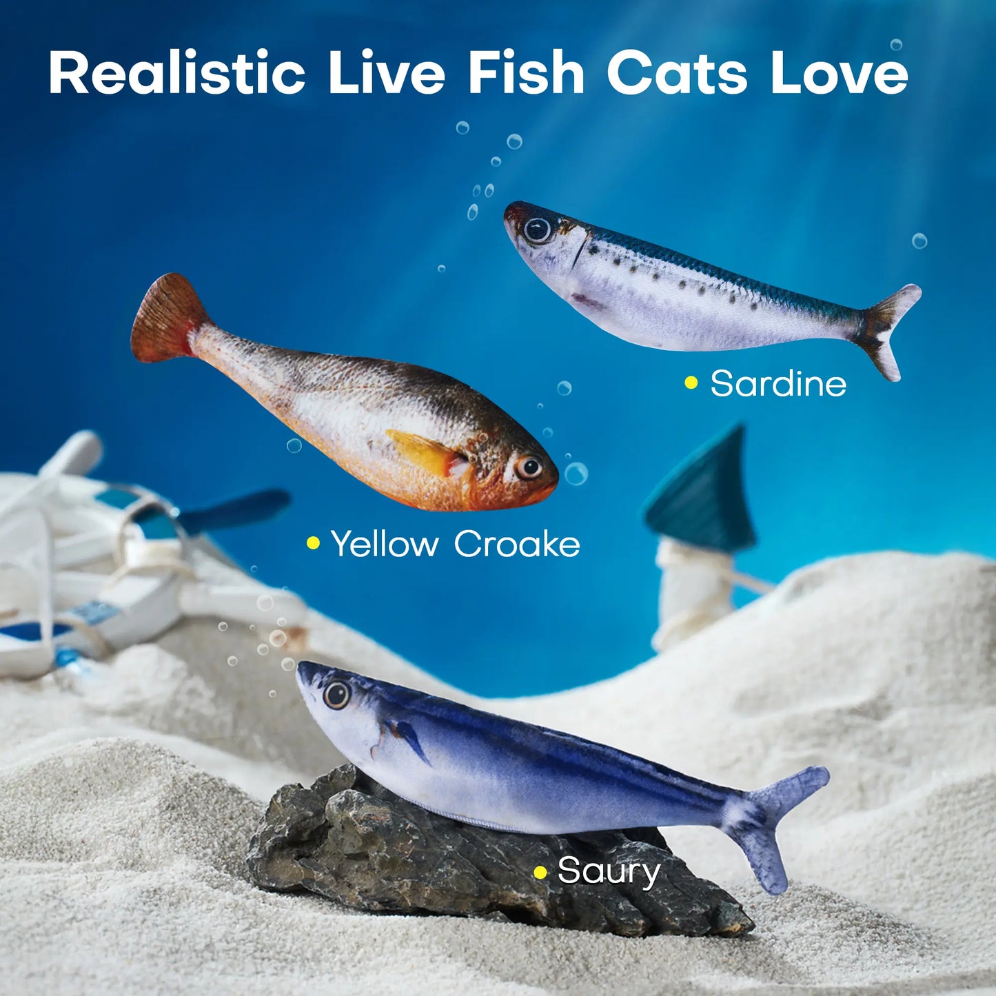 Potaroma Interactive Cat Toys - Realistic Tap-Activated Moving Fish with Catnip, Bite-Sized Kicker for Cats, Available in Sardine, Saury, and Yellow Croaker